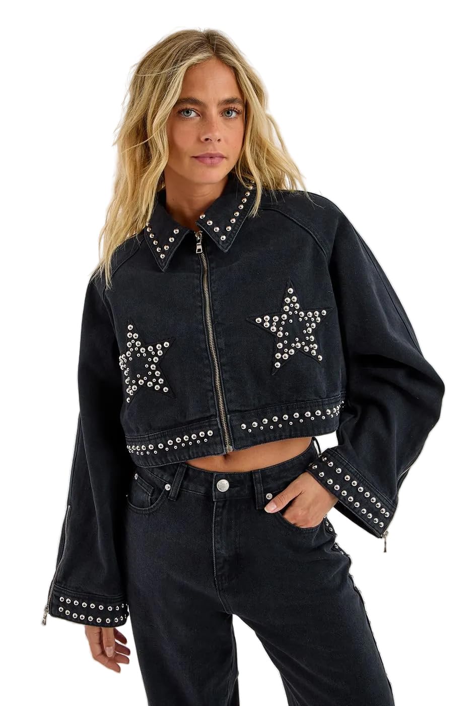 Nasty Gal Star Studded Denim Cropped Jacket
