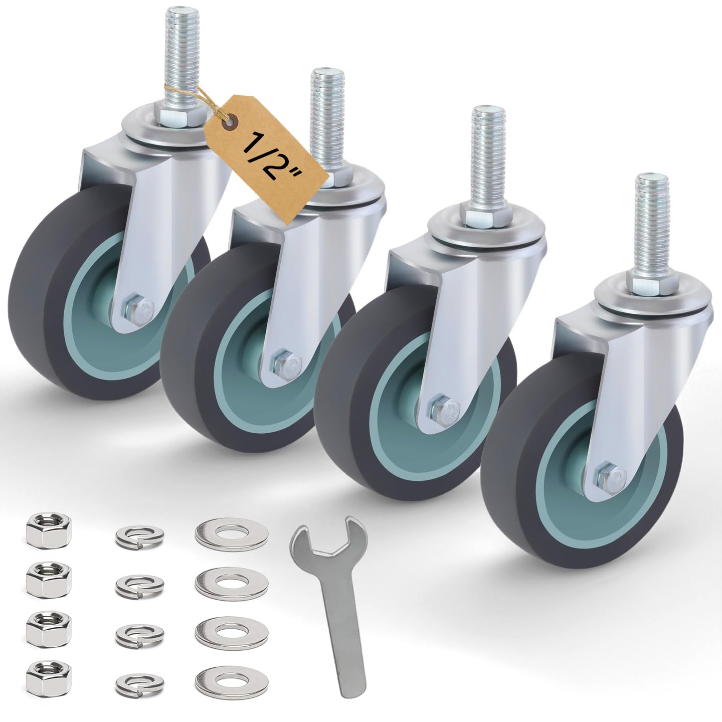 Photo 1 of 3 Inch Swivel Caster Wheels Set of 4, Heavy Duty Stem Caster Wheels 1/2" -13 x 1-1/2", Non-Locking 360 Degree TPR Rubber Casters for Furniture, Carts, Workbench