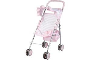 Adora Baby Doll Stroller with Umbrella Shade & Ruffle Trim, Adjustable Sun Cover and Doll Accessory Storage, Birthday Gift for Ages 3+ - Pastel Pink Heart