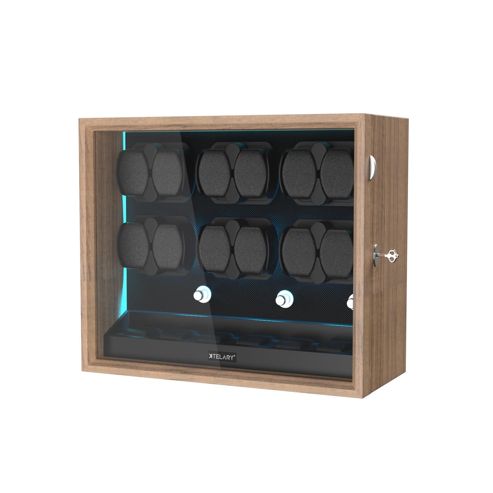 Photo 1 of XTELARY Watch Winder for 12 Automatic Watches, Wood Color Lockable Automatic Winders with Extra 6 Watch Storages, 4 Rotation Modes, Flexible Watch Pillows, Quiet Mabuchi Motor, and Blue Backlight