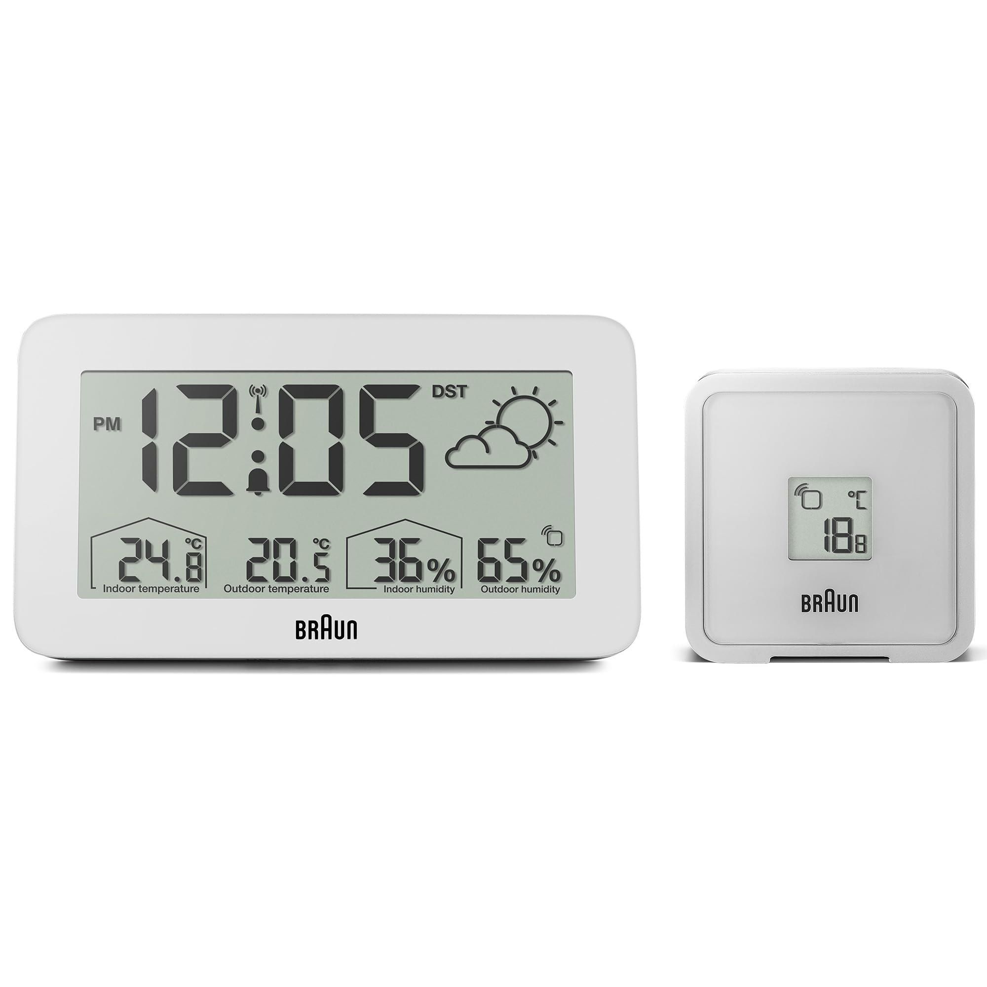 Braun Digital Radio Controlled Weather Station for Central European Time Zone (DCF) Clock with Temperature and Humidity Forecast, LCD display, Quick-set, Crescendo Beep Alarm, White, Model BC13WP-DCF.