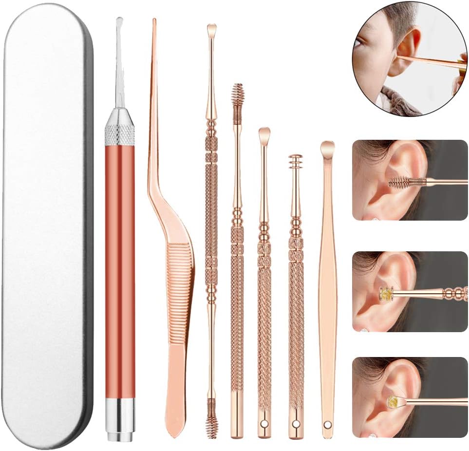 RUNGAO 7pcs Ear Wax Remover Tool Rose Gold, Ear Cleaner Earwax Picker Kit, Stainless Steel Ear Pick Multi Functional with Storage Box