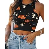 Eciodci Women's Halloween Crop Top 3D Skeleton Skull Pumpkin Printed Soft Summer Sleeveless Crop Tank Tops for Women