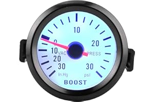 Turbo Boost Gauge, Universal 2in Boost Pointer Gauge Vacuum Pressure Meter 0‑30PSI 12V Blue LED Dial 52mm Dia for Cars Motors
