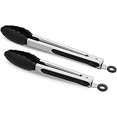 2 Pack Silicone Kitchen Tongs, 9 &amp; 12 Inch, Stainless Steel, Black | Heat Resistant to 500&deg;F with BPA-free Silicone Tips, Locking Clip and Nonslip Handles for Nonstick Cookware and Grilling