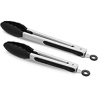 2 Pack Black Kitchen Tongs, Premium Silicone BPA Free Non-Stick Stainless Steel BBQ Cooking Grilling Locking Food Tongs, 9-In