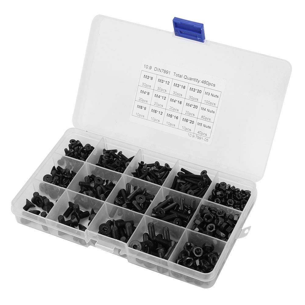 460pcs M3 M4 M5 Flat Head Countersunk Screws Thread Cutting Cup Point Black Grade 10.9 Hex Socket Head Floorboard Fastener Set