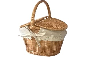 JUOPZKENN Wicker Picnic Basket with Lid and Handle, Vintage Wicker Picnic Hamper, Sturdy Woven Picnic Basket for Picnic, Camping, Outdoor, Thanks Giving, Birthday (#1)