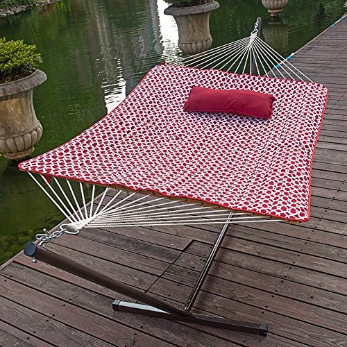 Lazy Daze Hammocks 12 Feet Steel Hammock Stand with Cotton Rope Hammock Combo,Quilted Polyester Hammock Pad, Pillow, Mag Bag and Cup Holder, Cape Cod Red