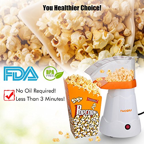 TWOBIU Popcorn Machine, Popcorn Maker, Hot Air Popcorn Popper with FDA