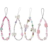 Lexaoyoo 4 Pcs Phone Charms Cute Beaded Phone Pink Lanyard Wrist Strap Aesthetic Y2K Cellphone Wrist Strap Bow Butterfly Heart Star Flower for Camera Keychain Wallet Pendant Decor