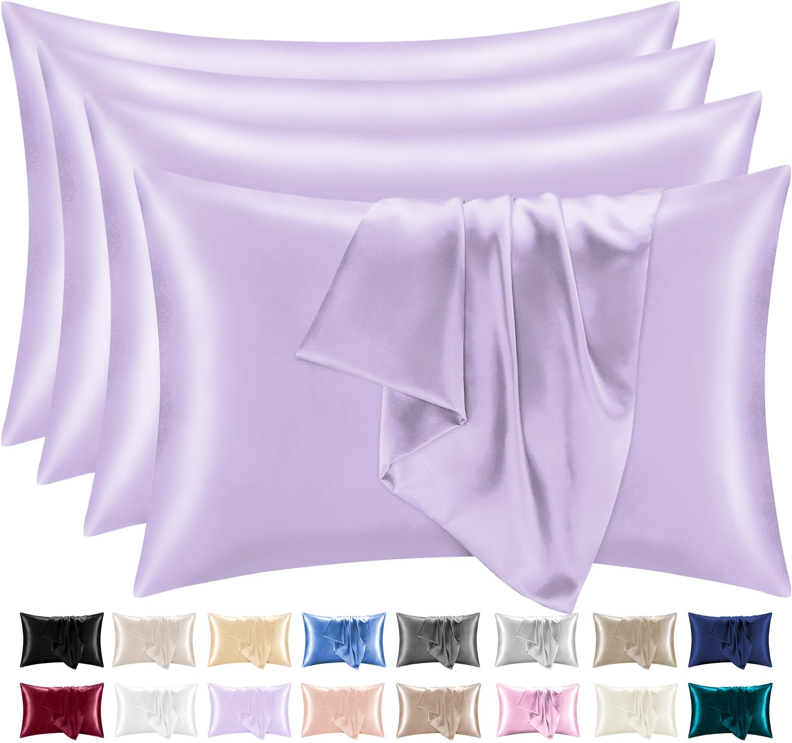 Lazzaro Satin Silk Pillowcases for Hair and Skin - Hypoallergenic Silk Pillow Cases 4 Pack with Envelope Closure - Ultrasoft Standard Size Purple Silk Pillowcases (50 x 75 cm)
