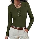Ninee Womens Long Sleeve Pullover Sweaters Casual Lapel Crew Neck Button Down Tops Trendy Fall Knit Slim Fit Shirts