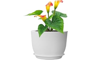 Meowell 12 inch Large Plant Pots, Plastic Planters with Drainage Holes and Saucers, Flower Pots for Indoor Outdoor Plants, Modern Decorative Pots for Garden House Plants, White