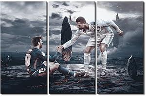 TISHIRON Canvas Wall Art Ready to Hang Ronaldo Pictures Print On Canvas Soccer Star Messi Posters and Prints 3 Panels Modern Artwork for Home Walls Home Decorations Canvas Wall Art for Living Room 60x40 in