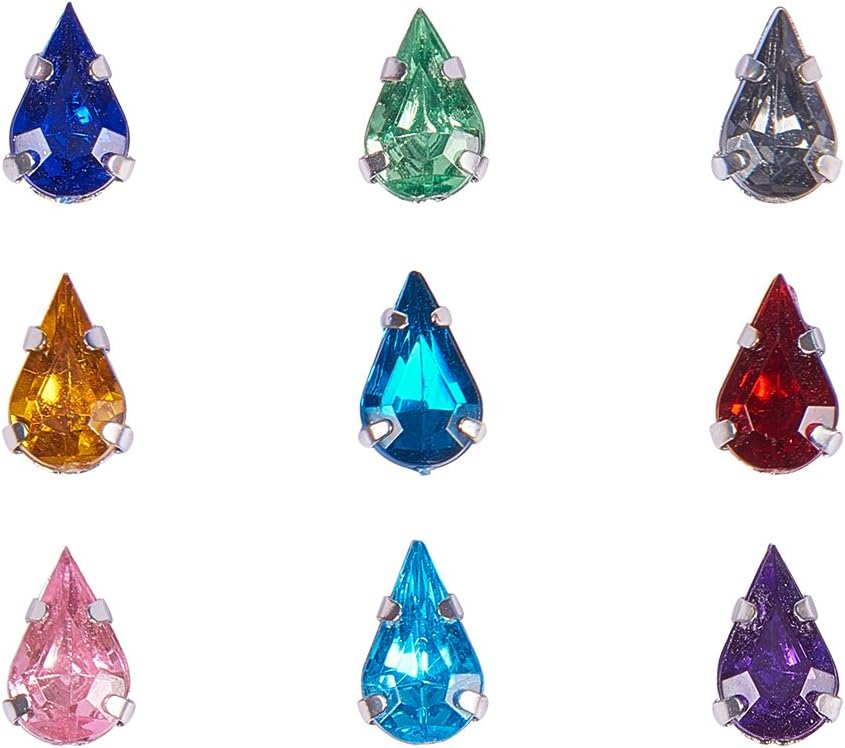 PandaHall 50pcs Assorted Color TearDrop Shape Sew on/Glue on Acrylic Rhinestone Montee Beads with Brass Findings, Platinum Metal Color, 10x6x5mm, Hole: 1mm