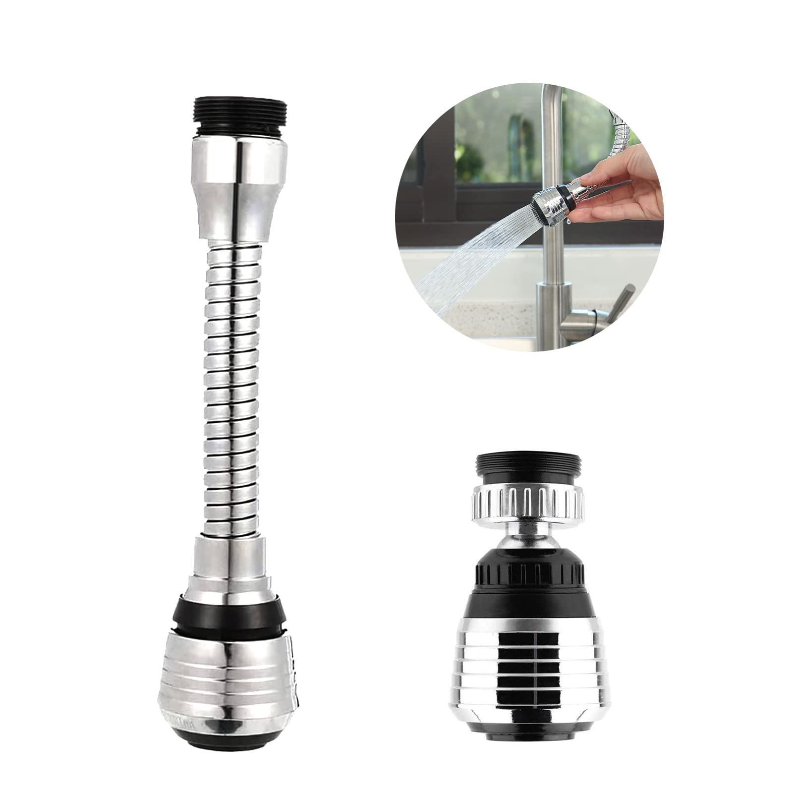 ROOBZE Long and Short Combination Shower Faucet Kitchen 2 Pieces Extension Tap Kitchen Tap 360° Swivel Sprayer Head Faucet Nozzle Suitable for Kitchen