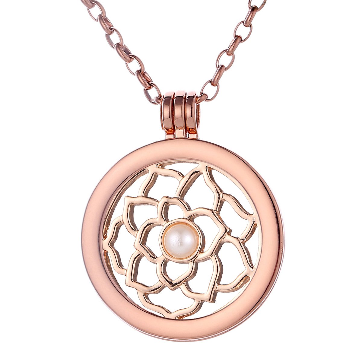Morella Women Necklace 70 cm 27.5" Rose Golden Stainless Steel with Lotus Flower Coin 33 mm 1,3" Pink Gold in a Velvet Jewelry Bag
