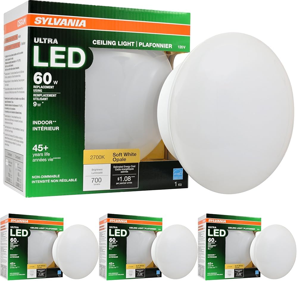 Sylvania Ultra LED Ceiling Light Bulb, 60W Equivalent, Efficient 9W, 700 Lumens, Frosted, Non-Dimmable, 2700K, Soft White - 4 Pack (75080) Image