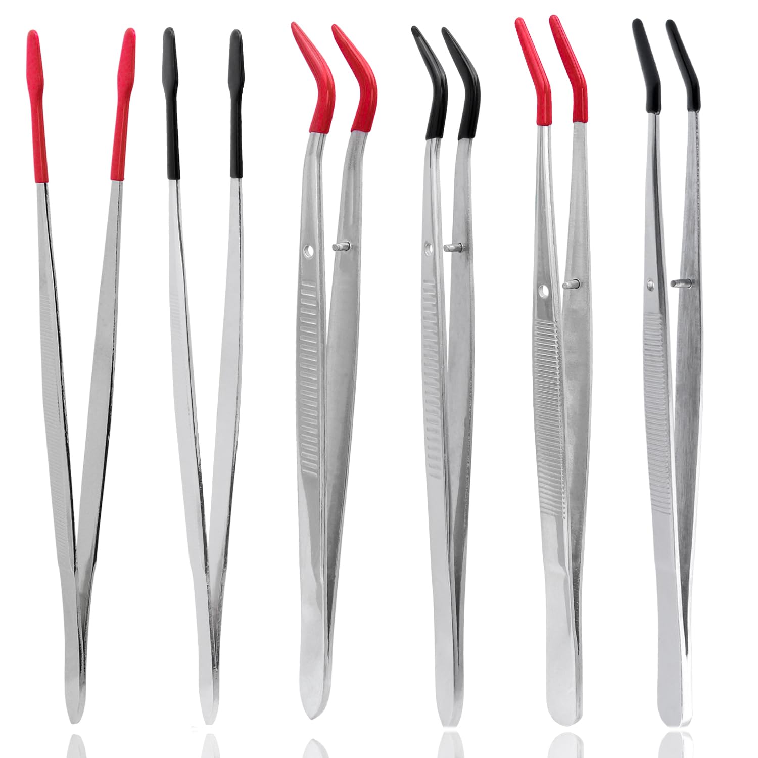 Treki 6Pcs Stainless Steel Tweezer Rubber-Tipped Curved Tweezers Rubber Long Tipped Tweezer Set Bent & Flat Tweezers Tool for Lab Hobby Jewelry Stamps Beads DIY Craft (Black & Red)