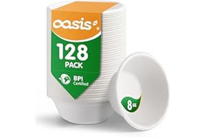 OasisSN 𝟴 𝗼𝘇, 𝟭𝟮𝟴-𝗣𝗮𝗰𝗸 Compostable Paper Bowls, Heavy-Duty Biodegradable Disposable Bowls Made from Bagasse, Eco-Friendly, Microwave & Freezer Safe (White)