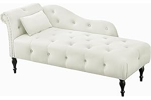Homtique 60" Chaise Lounge Indoor Velvet Button Tufted with Pillow, Nailhead Decorate Rolled Arm Chaise Lounge for Bedroom Living Room (White)