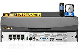 OOSSXX 8.0/4K Megapixel 8-Channel POE NVR Network Video Recorder, Supports up to 8 x 8MP/4K IP Cameras, Max to 8TB Hard Drive (3TB HDD Included)