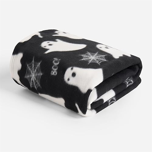 OHS Fleece Throw Blanket for Sofa, Soft Warm Halloween Blankets for Bed Fun Ghost Pattern Polar Fleece Blanket Lightweight Fluffy Sofa Throw Boys Girls Gifts, Black - 120 x 150cm