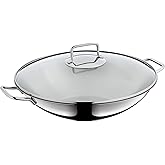 WMF Macao Induction Wok Set, 2 Pieces, Wok Pan 36 cm with Glass Lid, Polished Cromargan Stainless Steel, Uncoated