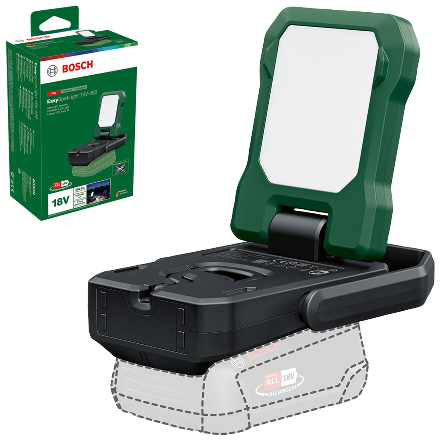 Bosch Akku- LED-Leuchte/Campinglampe EasySpotLight 18V-400 (warm-/kaltweißes Licht; 3 Helligkeitsstufen, Kopf klapp-/drehbar: 360°/180°; 18V; Powerbank USB-C®; ohne Akku)