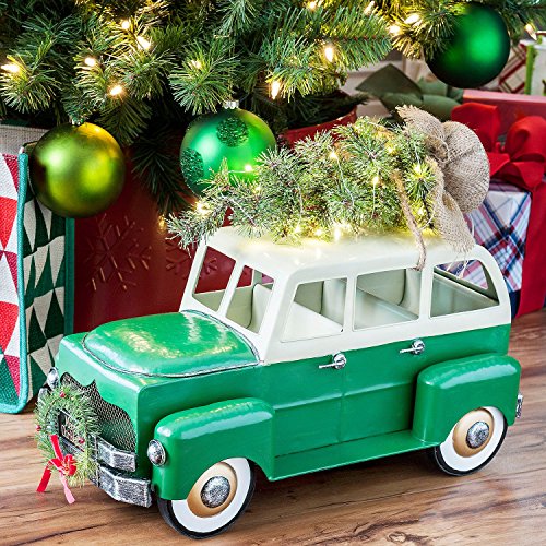 Large Vintage Holiday Truck or Car with Lighted Christmas Tree / Seasonal Decoration (Green Car)