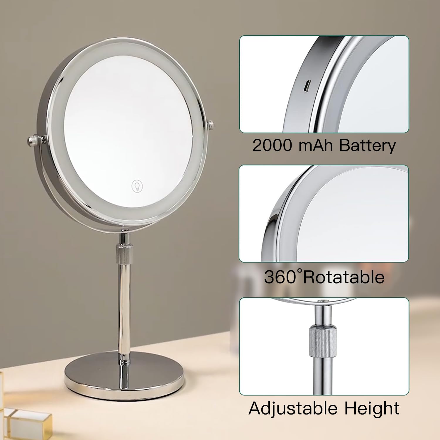 Lighted Makeup Mirror with Magnification, Rechargeable Lighted Mirror, Three Color Lighting Modes, Height Adjustable, 1x/10x 360° Rotation Touch Screen Vanity Mirror (8in. Silver)
