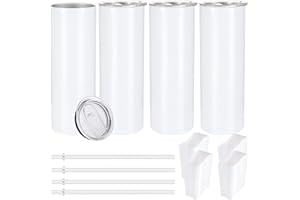 YOUKE OLA 20oz Sublimation White Straight Blanks Skinny Tumbler with Straw, Sublimation Tumblers for Heat Transfer, Stainless Steel Travel Mug Double Wall Insulated Tumbler | Vinyl DIY Gifts, White 4 Pack