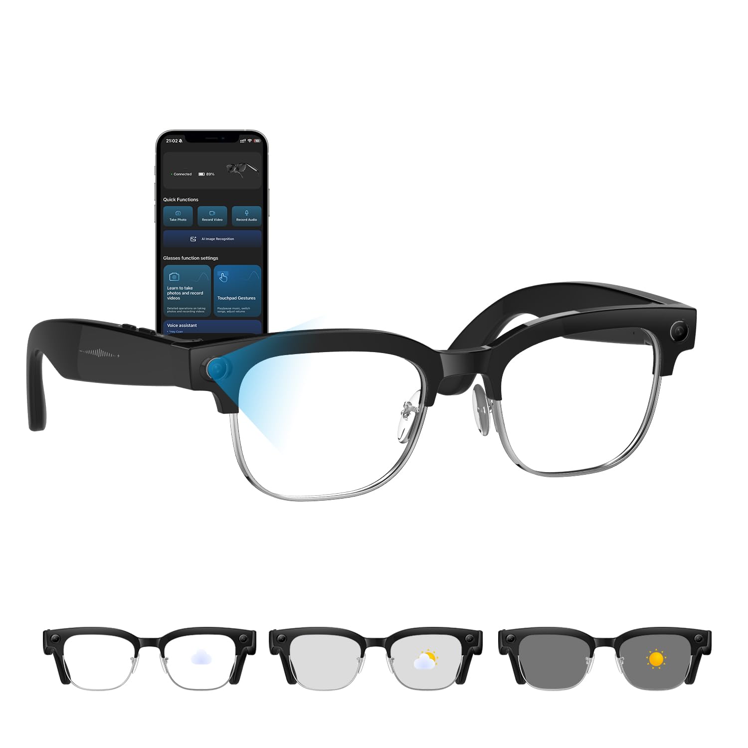 Photo 1 of AI Smart Glasses with Camera, 8MP Anti-Shake Camera Glasses for Men Women, 1080P Video Recording Sunglasses, GPT Identify Objects, AI Translation, 290mAh Bluetooth Audio Glasses for Travel/Work/Vlog