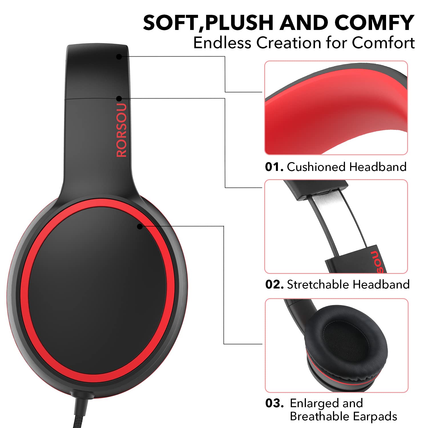 RORSOU R10 Kids Headphones Over-Ear with Microphone, Lightweight Folding Stereo Bass Headset with 1.5M No-Tangle Cord, Portable Wired Headphones for Smartphone Tablet Computer MP3 / 4 (Black)