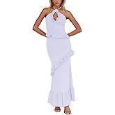 Womens 2 Piece Maxi Skirt Set Y2k Halter Ruched Cami Top Tiered Flowy Ruffle Skirt 2025 Summer Beach Outfits
