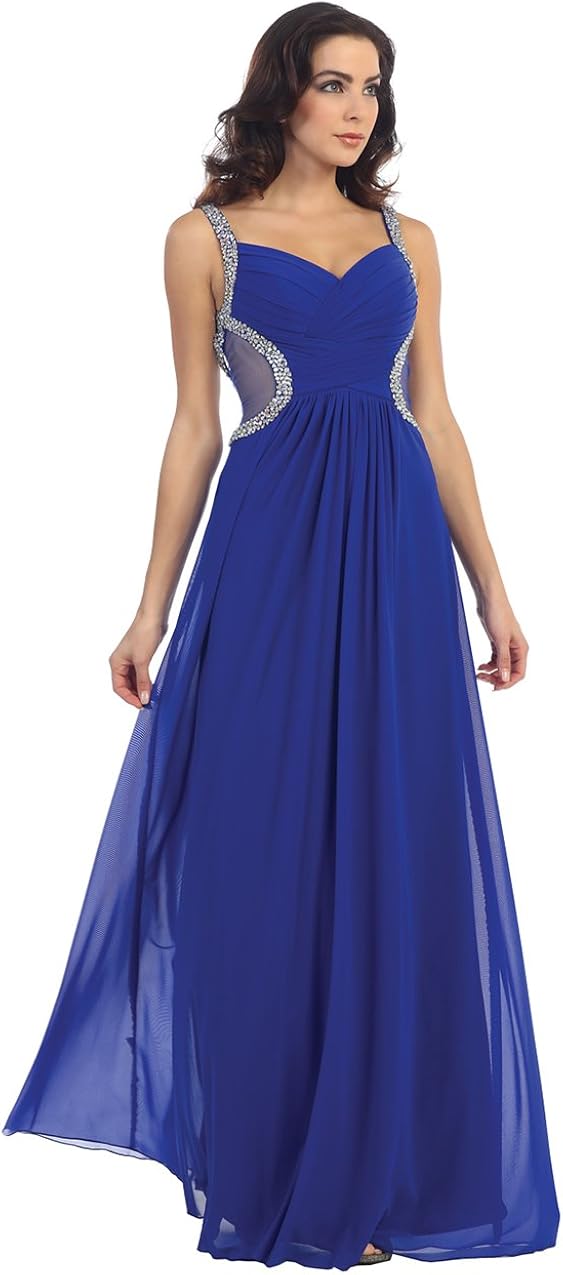 Amazon.com: Unique Vintage Royal Blue Chiffon Sweetheart Embellished Cutout Long Dress for Prom 
