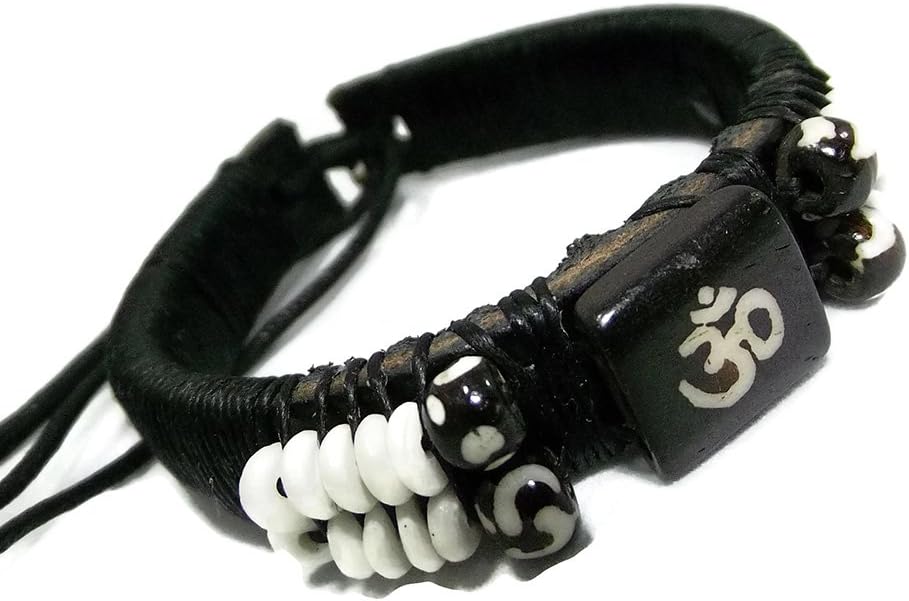 Chillvery Hand-made Mens White Bead Symbol Genuine Leather Wrap Bracelets
