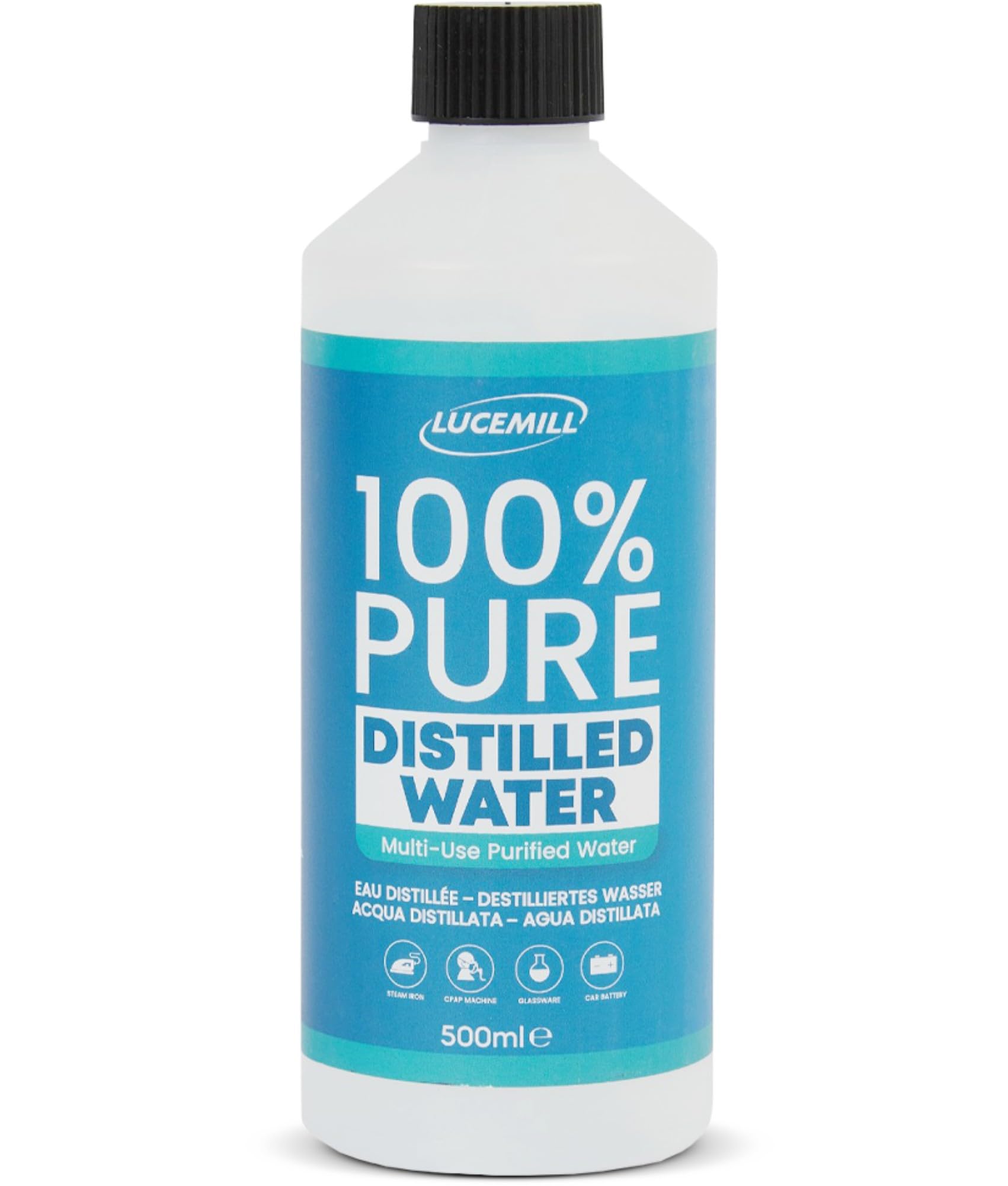 Lucemill 500ml Distilled Water | 100% Pure & Mineral-Free | For CPAP Machines, Medical Devices, Steam Cleaners & Irons | UK Bottled