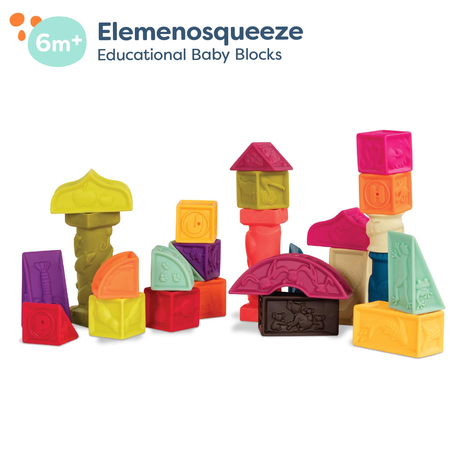 B. toys – Elemenosqueeze – Baby Blocks – 26 Soft Sort & Stack Blocks With Alphabet – Architectural Building Blocks – Shapes, Letters & Animals – 6+ Months