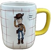 Rae Dunn Ceramic Mug, Woody Character Design, Yellow Handle, Grid Pattern, Howdy