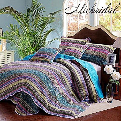 MicBridal Queen Size Quilt Cover Sets Classic Bohemian Blue Stripe Bed Cover Set Queen 100% Cotton Patchwork Bedspread Soft and Warm Bed Coverlet Quilted Throw by