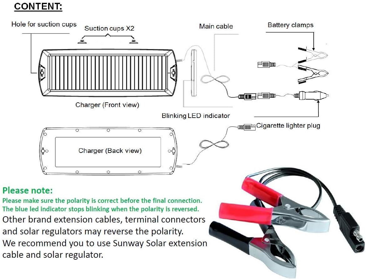 Sunway Solar Car Battery Trickle Charger & Maintainer 12V Solar Panel Power Battery Charger With Cigarette Lighter Plug Battery Clamp For Car Automotive Motorcycle Boat Marine Snowmobile Watercraft RV: Automotive