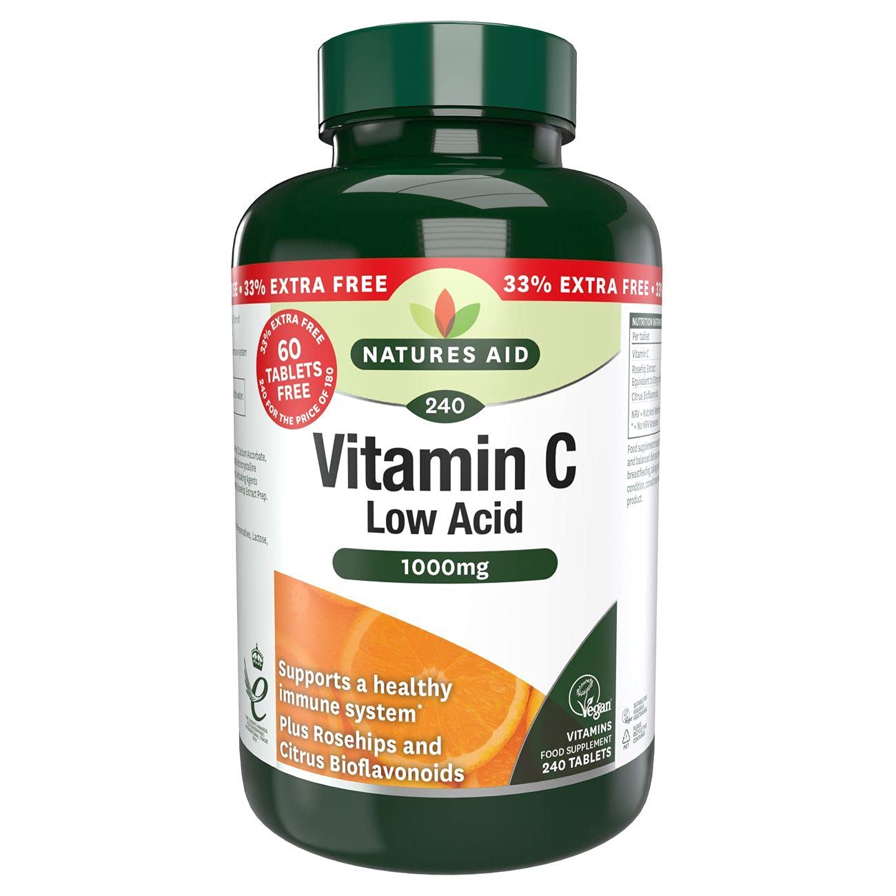 Natures Aid Low Acid Vitamin C 1000mg with Rosehips & Bioflavonoids 240 Tablets