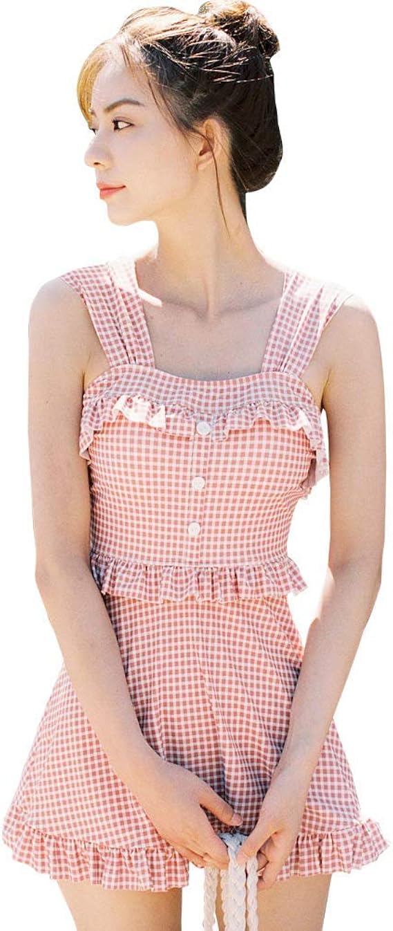 Amazon 水着 レディース ワンピース ビキニ 2点セット 体型カバー 可愛い セクシー 大きいサイズ ギンガムチェック レトロ ピンク L 1064 ワンピース 通販