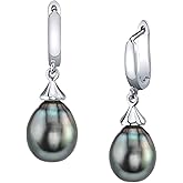 THE PEARL SOURCE Genuine Drop Shape Black Tahitian South Sea Cultured Pearl Elegance Earrings for Women