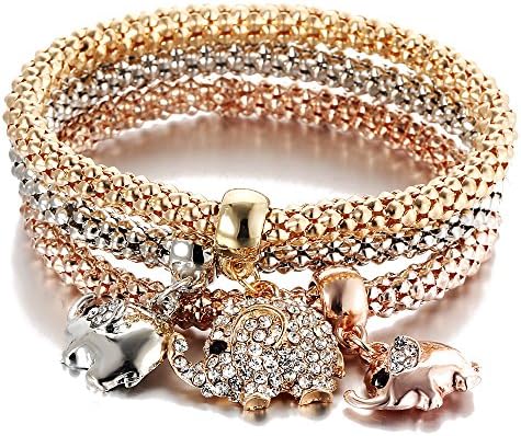 Stretch Bracelets I’s 3PCS Gold/Silver/Rose Gold Corn Chain Crystal Charms Multilayer Bracelets for Women (Elephant)