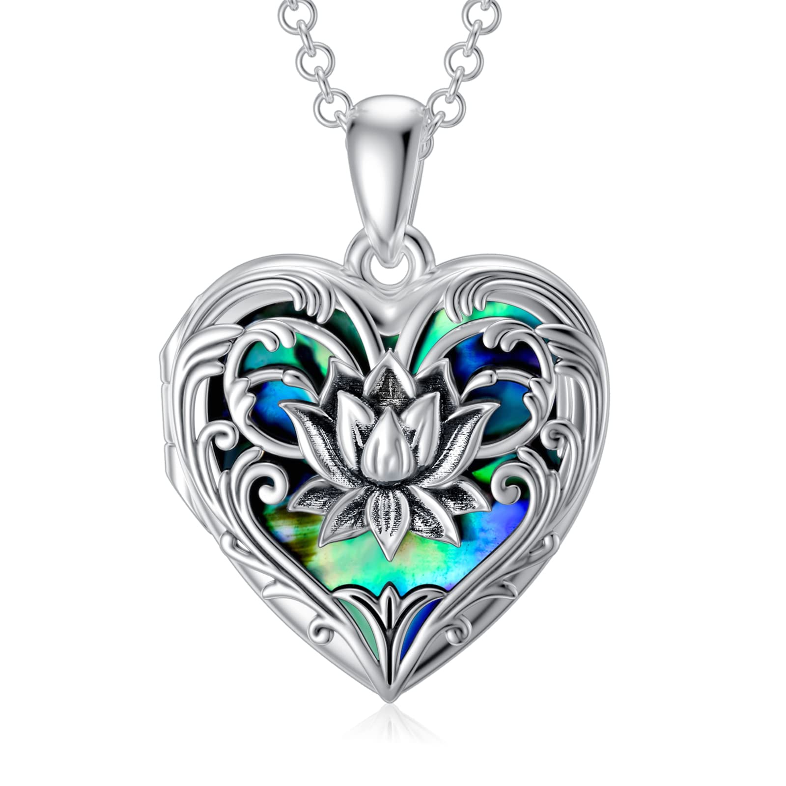 SOULMEET Sterling Silver Heart New Beginning Lotus Locket Abalone Shell Locket Necklace That Holds Picture Memorial Photo Mother's Day Gift (Locket only)