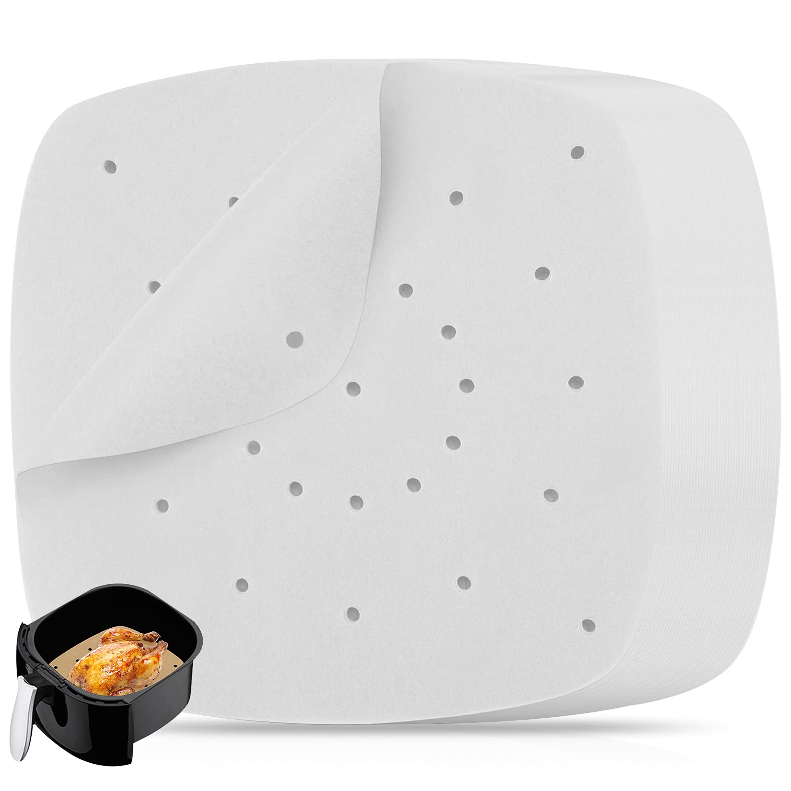 8.5 inch Air Fryer Parchment Paper Sheets by ASTER, 100 Pcs Perforated Air Fryer Liners/Steaming Parchment Liner, Non-Stick Steaming Mat for Baking Cookies, Cooking, Air Fryer, Bamboo Steamer