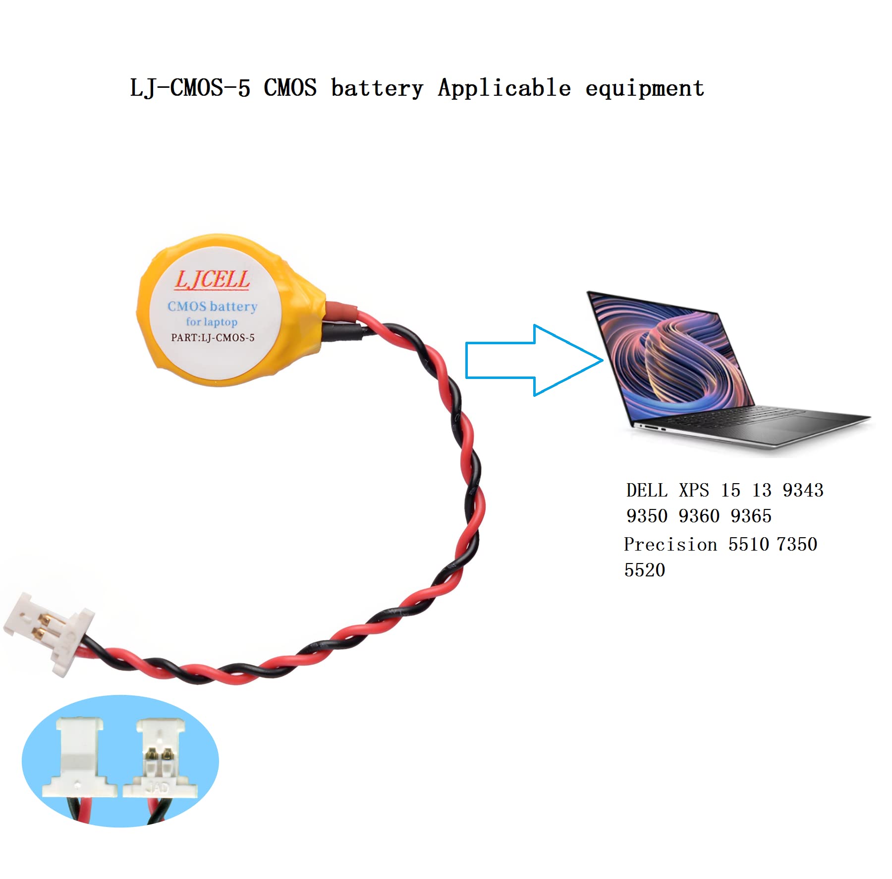 LJCELL CMOS ML1220 Battery for DELL XPS 13 15 9343 9350 9360 9365 BIOS RTC ML1220 Battery with 2 Wire Cable and Connector